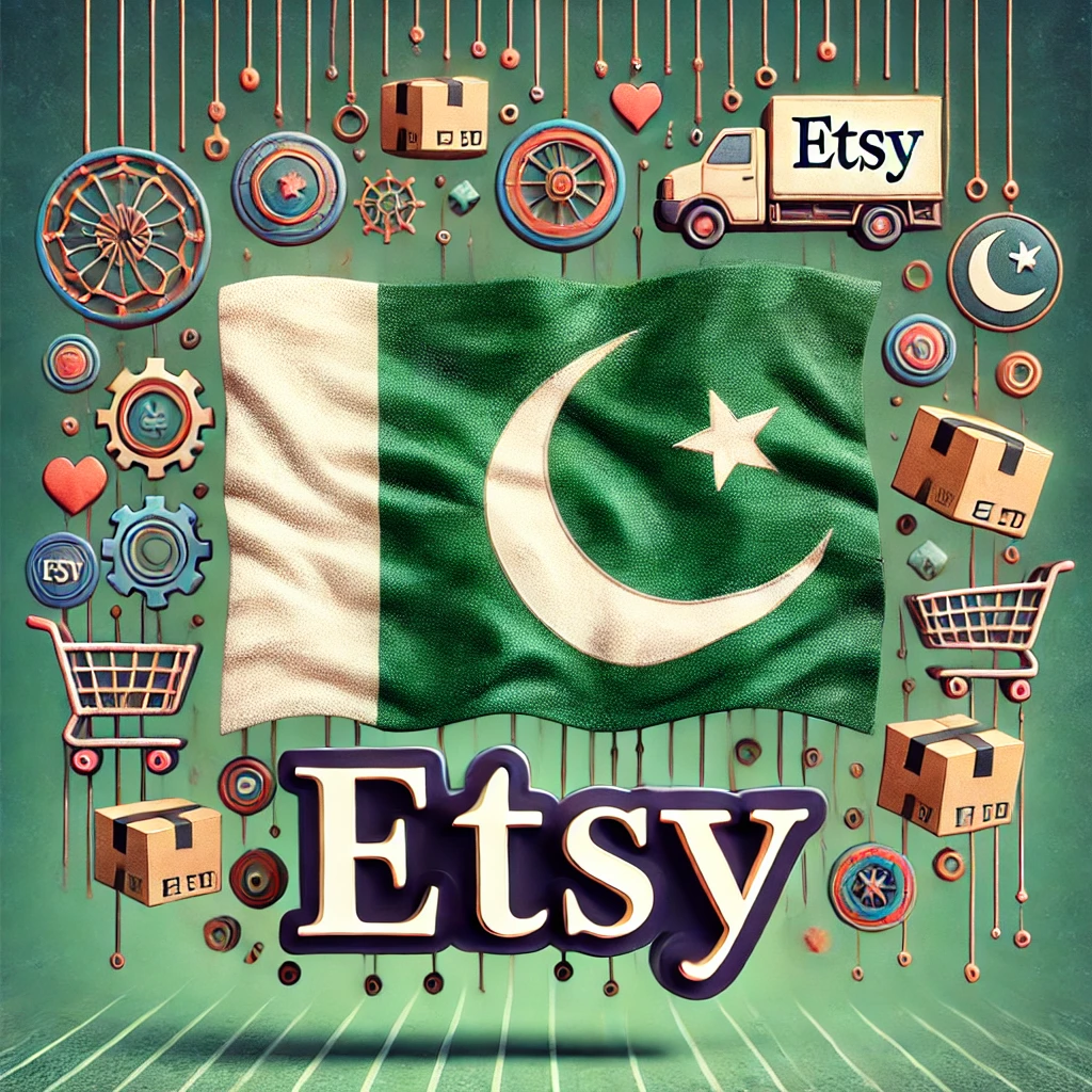 DALL·E 2025-01-30 20.03.36 – An artistic composition featuring the Etsy logo prominently displayed alongside the Pakistani flag. The background showcases elements representing e-c